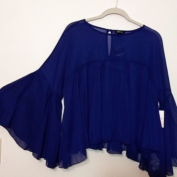 Forever 21 Tops - Forever 21 | Blue Sheer Flare Top w/ Bell Sleeve